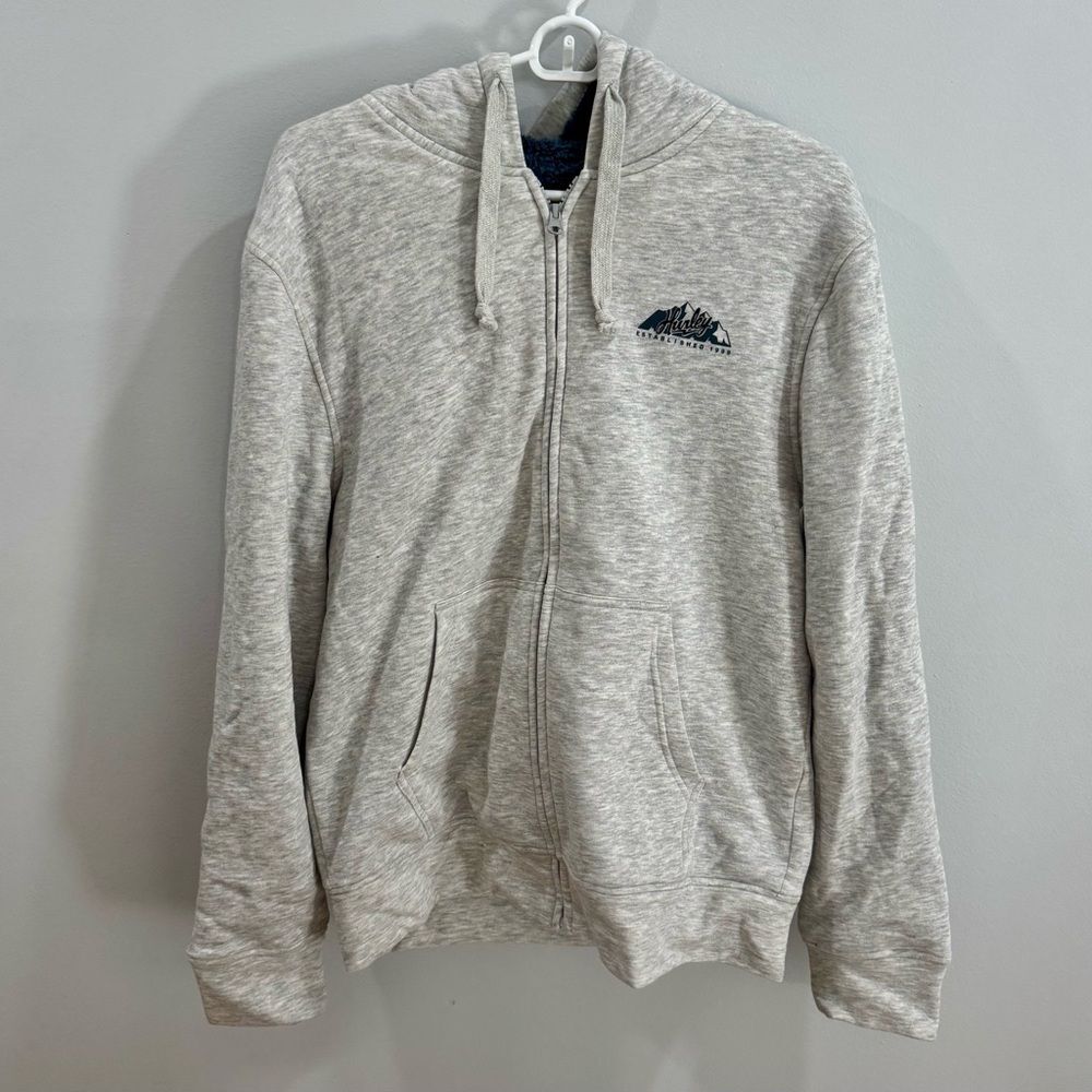 Hurley men’s gray fleece lined zip up icon logo hoodie size small NWOT